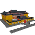 Ancient Chinese Architecture with Yellow Walls Black Roofs Overhanging Eaves and Red Door Courtyard