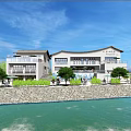 Modern Waterfront Guesthouse Building With Stone Wall Green Plants Trees Balconies And Scenic View