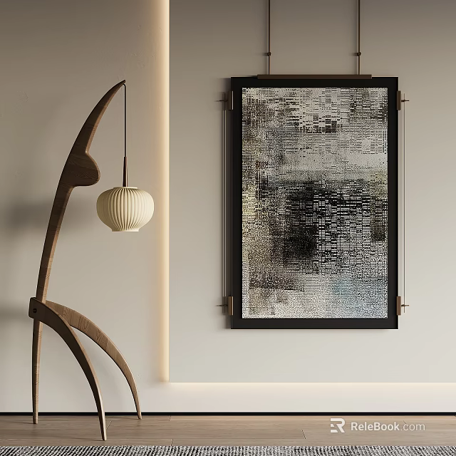 Modern Abstract Wall Art With Sculptural Floor Lamp In Minimalist Interior Space 3d model 