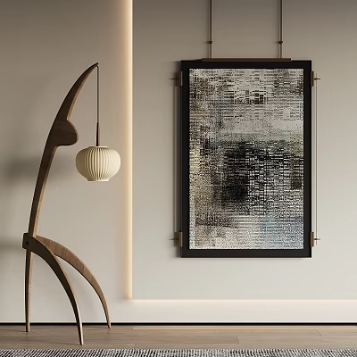 Modern Abstract Wall Art With Sculptural Floor Lamp In Minimalist Interior Space 3d model