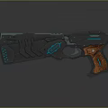 Futuristic Sci Fi Pistol With Black Body Blue Glowing Accents And Orange Grip