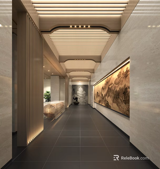 Elegant Hotel Corridor Interior With Large Landscape Painting Wooden Lattice Ceiling And Marble Walls 3d model 