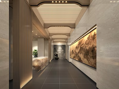 Elegant Hotel Corridor Interior With Large Landscape Painting Wooden Lattice Ceiling And Marble Walls 3d model