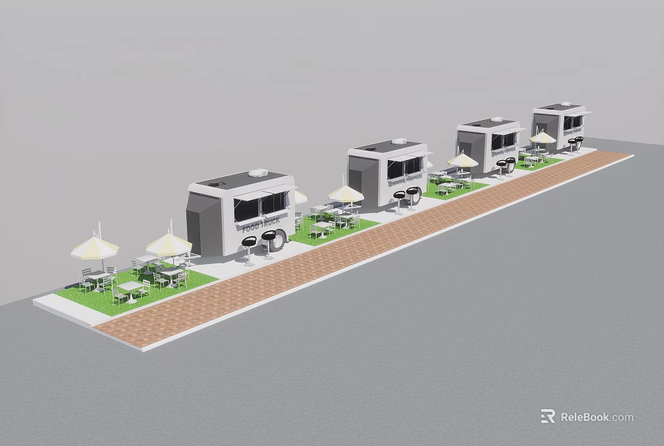 Outdoor Food Trucks With Tables Chairs And Umbrellas For Delicious Street Food 3d model 