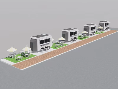 Outdoor Food Trucks With Tables Chairs And Umbrellas For Delicious Street Food 3d model