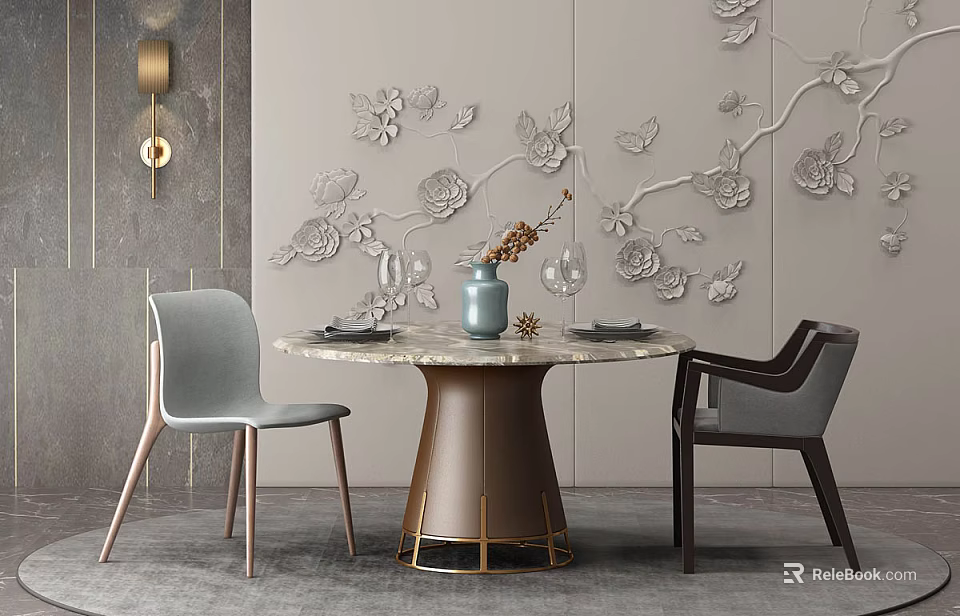 Round Marble Top Dining Table Set with Two Chairs Embossed Wall Decor and Vase Tableware 3d model