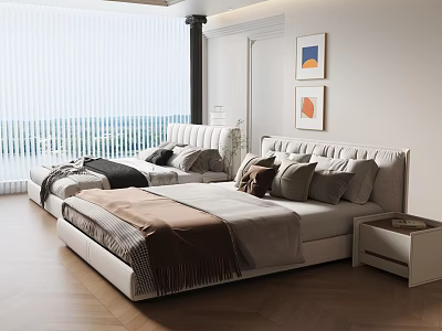 Modern Double Bed Bedroom Interior With Floor to Ceiling Window Artwork Pillows and Nightstand 3d model