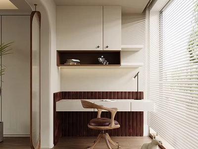 Cozy Home Balcony Nook With Writing Desk Wooden Chair And Window Blinds 3d model