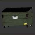 Green Waste Dumpster With Black Lid BAR Label Yellow Warning Sticker And Wheels
