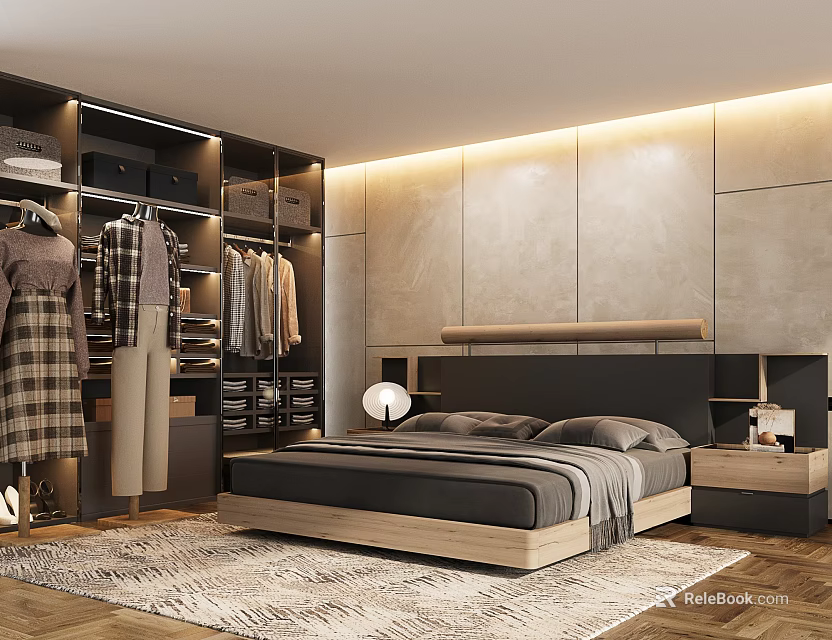 Modern Minimalist Bedroom With Built in Wardrobe Wooden Floor And LED Lighting Wall Paneling 3d model 