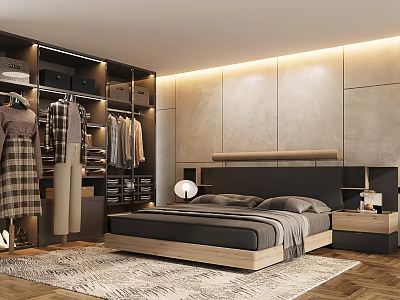 Modern Minimalist Bedroom With Built in Wardrobe Wooden Floor And LED Lighting Wall Paneling 3d model