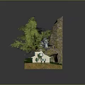 Miniature Rocky Cliff Landscape With Small House Green Trees And Flowing Stream