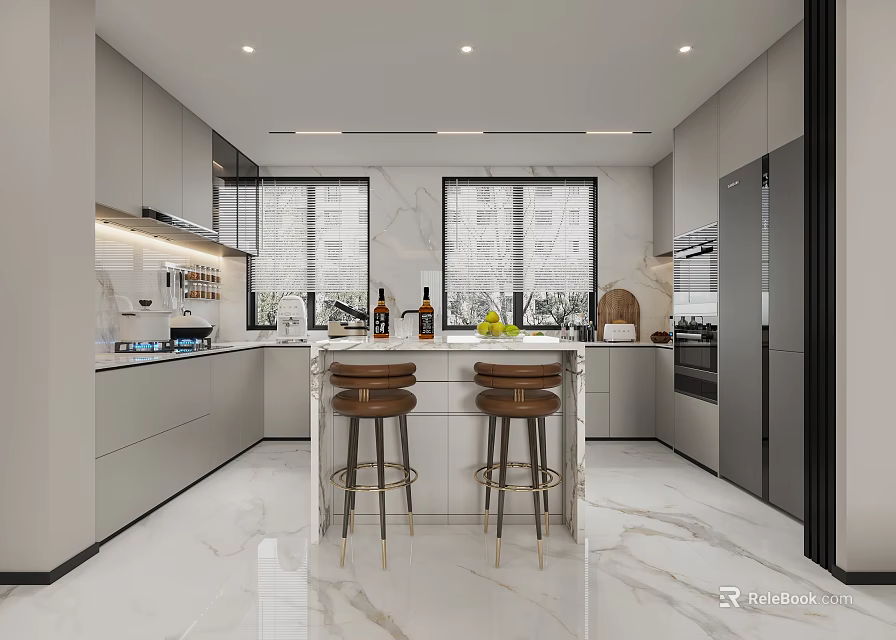 Modern Kitchen Interior With Marble Island Countertop Stools Cabinets And Large Windows 3d model