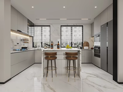 Modern Kitchen Interior With Marble Island Countertop Stools Cabinets And Large Windows 3d model