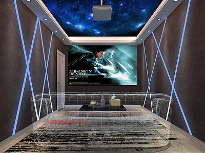 Modern Home Theater Room With Starry Sky Ceiling Large Projection Screen And Blue Ambient Lighting 3d model