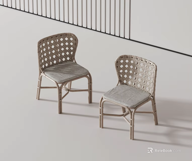 Rattan Chair With Woven Backrest And Light Gray Cushion Against White Background With Black Railing 3d model 