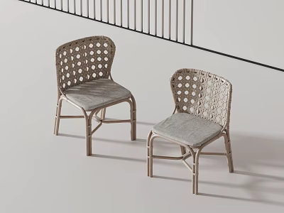 Rattan Chair With Woven Backrest And Light Gray Cushion Against White Background With Black Railing 3d model