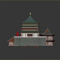 Ancient Chinese Architecture Multi story Tower with Green Roof Red Pillars and Stone Pavement Courtyard