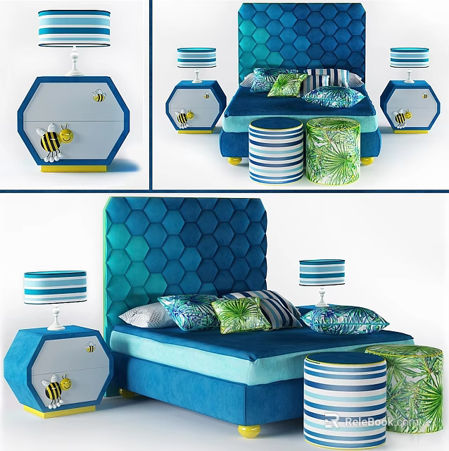Children's Bed with Turquoise Hexagonal Headboard Bee Pattern Nightstands Striped Storage Stools and Colorful Pillows 3d model 