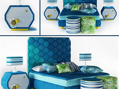 Children's Bed with Turquoise Hexagonal Headboard Bee Pattern Nightstands Striped Storage Stools and Colorful Pillows 3d model