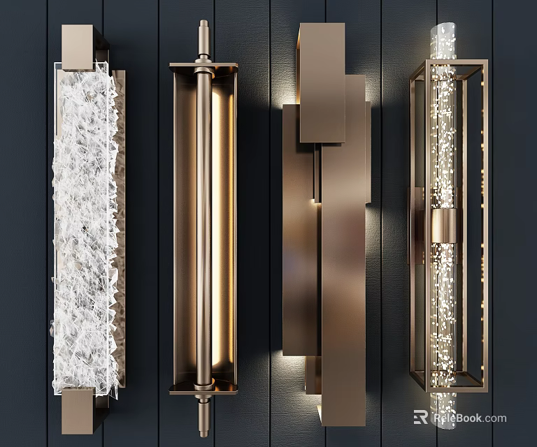 Modern Wall Lamps With Various Metal Crystal And Textured Glass Designs On Dark Wall 3d model 