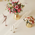 Home Decor Setup With Colorful Flower Bouquets Gold Vases Ballerina Statue And White Candles
