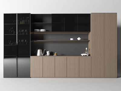 Modern Wine Cabinet With Black And Wooden Glass Doors Displaying Wine Glasses 3d model