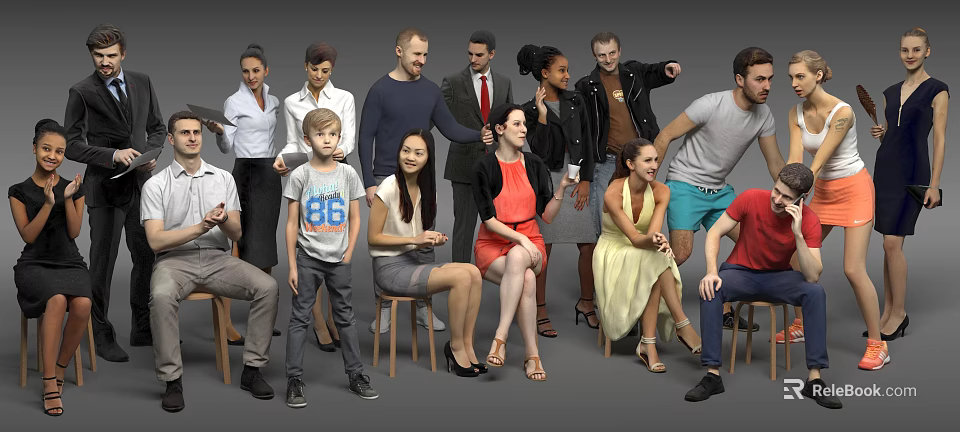 Group of Diverse People Standing and Sitting Against Gray Background 3d model 