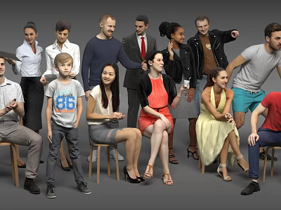Group of Diverse People Standing and Sitting Against Gray Background 3d model