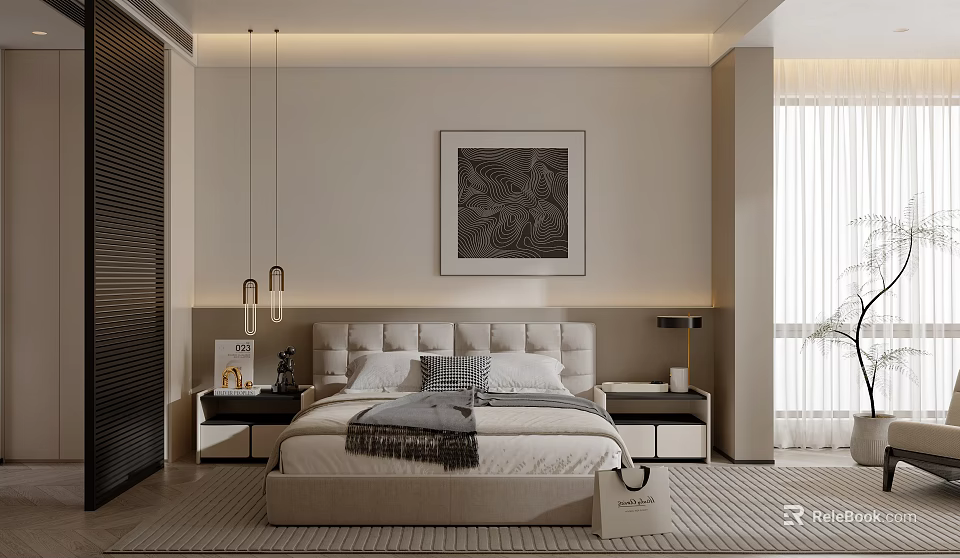 Modern Bedroom Interior With Beige Headboard White Bedding Nightstands Table Lamps And Abstract Painting 3d model 