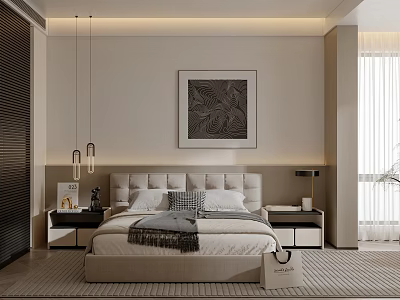 Modern Bedroom Interior With Beige Headboard White Bedding Nightstands Table Lamps And Abstract Painting 3d model