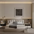 Modern Bedroom Interior With Beige Headboard White Bedding Nightstands Table Lamps And Abstract Painting