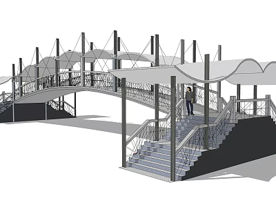 Modern Pedestrian Bridge Design With White Canopy Metal Staircase And Pedestrians 3d model