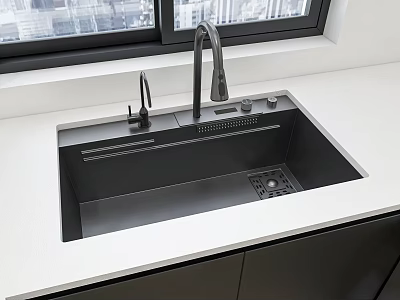 Modern Black Built in Kitchen Sink on White Countertop With Black Cabinets 3d model