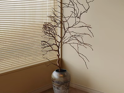 Ceramic Vase Holding Bare Branches In Room Corner Next To Window Blinds 3d model