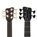 Two Stylish Electric Bass Guitars With Light Dark Wood Grain Curved Body Design And Strings