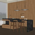 Bar Counter with Black Marble Top Wooden Cabinets Two Bar Stools and Hanging Pendant Lights