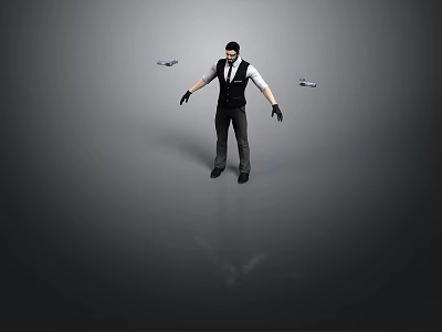 Skillful Man Juggling Three Flying Discs In Gray Background Setting 3d model