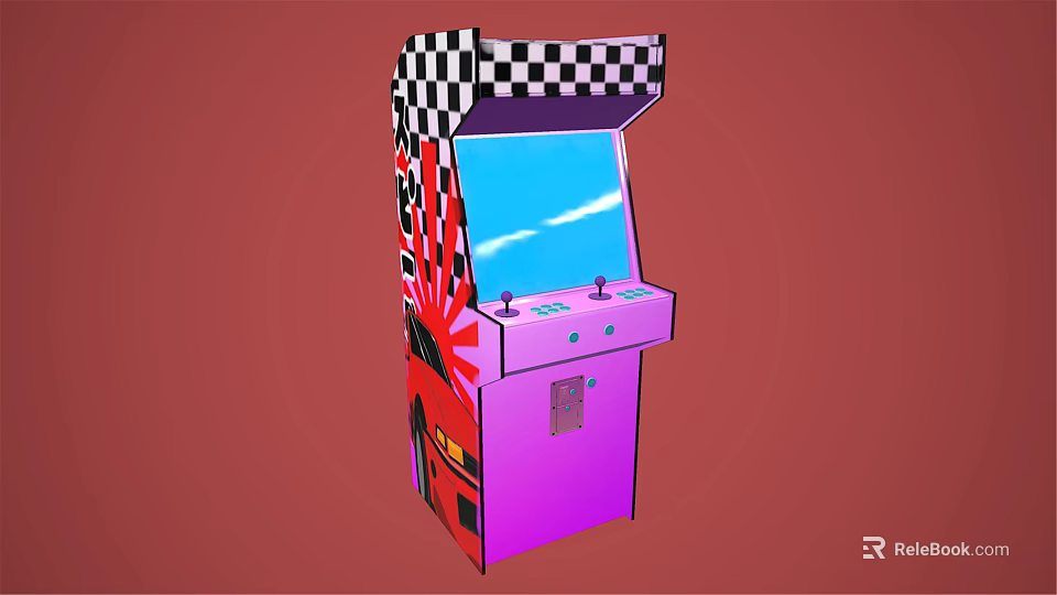 Colorful Arcade Machine Entertainment Appliance With Purple Red Body Checkerboard Top And Blue Screen 3d model 