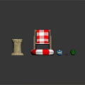 Red and White Checkered Wooden Lounge Chair Summer Beach With Sandcastle Life Ring And Ball