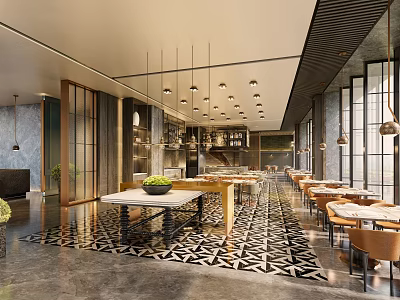 Modern Restaurant Interior With Stylish Dining Tables Chairs Hanging Lights And Patterned Floor 3d model