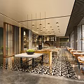 Modern Restaurant Interior With Stylish Dining Tables Chairs Hanging Lights And Patterned Floor 3d model