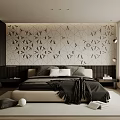 Modern Bedroom Interior Design With Geometric Patterned Wall Dark Headboard And Nightstands 3d model
