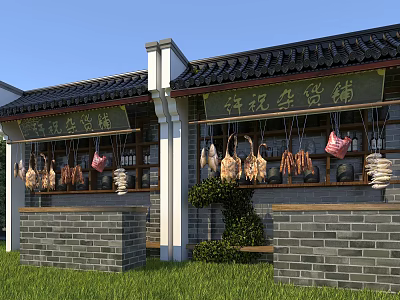 Charming Traditional Chinese Old Grocery Store With Various Hanging Cured Food Under Bright Clear Sky 3d model