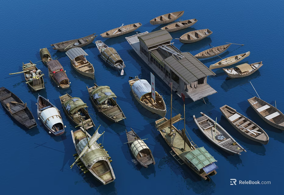 Various Traditional Wooden Boats Floating on Blue Water With Different Vintage Designs and Shapes 3d model 