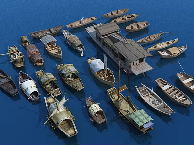 Various Traditional Wooden Boats Floating on Blue Water With Different Vintage Designs and Shapes 3d model