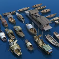 Various Traditional Wooden Boats Floating on Blue Water With Different Vintage Designs and Shapes