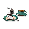 Tableware Set Including Green Coffee Cup Cake Slice Plate And Coffee Grinder With Beans 3d model