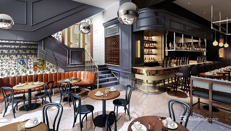 Stylish Bar Interior with Seating Booths Tables Bar Stools and Lighting 3d model 