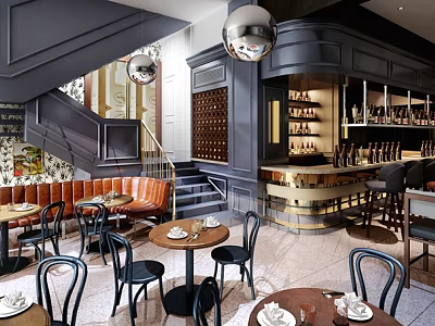 Stylish Bar Interior with Seating Booths Tables Bar Stools and Lighting 3d model